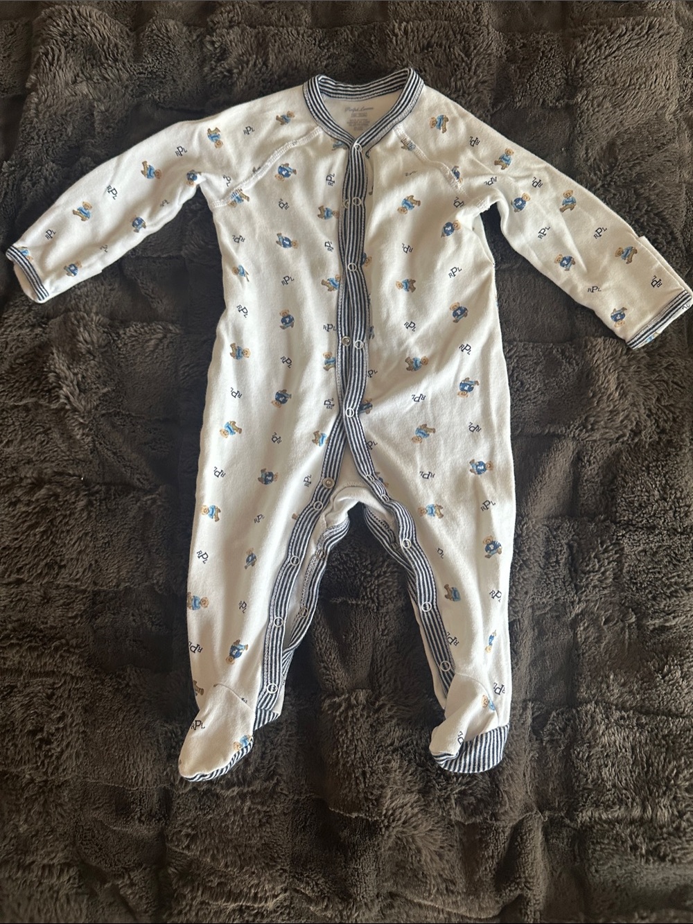 Ralph Lauren White Footed One-Piece with Blue Trim and Animal Print